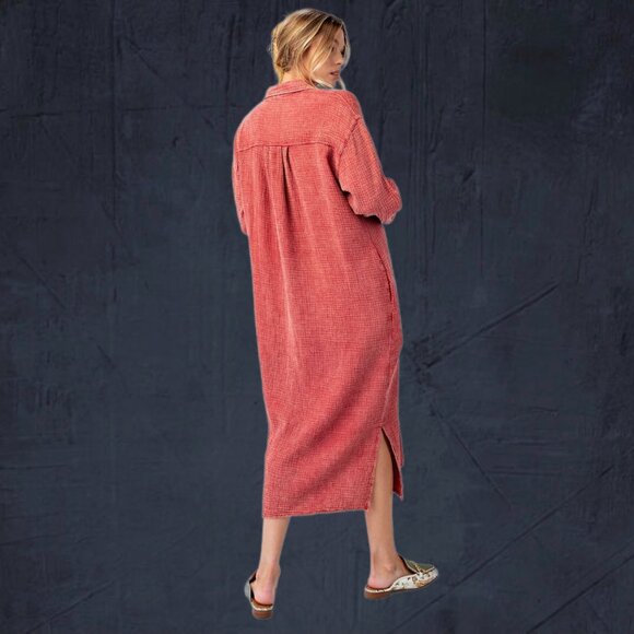 EASEL “Irresistible” Lux Mineral Washed Buttoned Relaxed Fit Shirt Dress Pockets - Picture 8 of 16